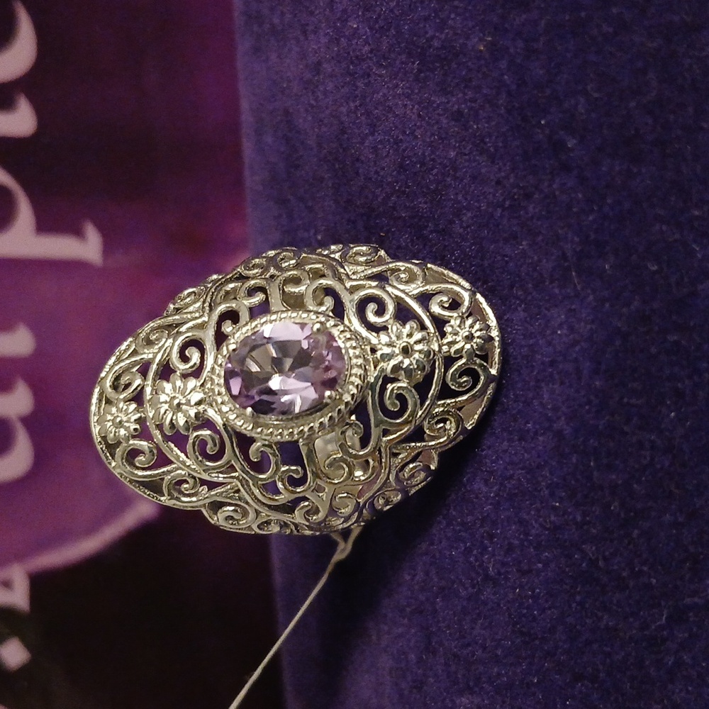 2465060-3. Elegant KARIS Collection Amethyst, STS, Platinum Bonded Brass, Sz. 7